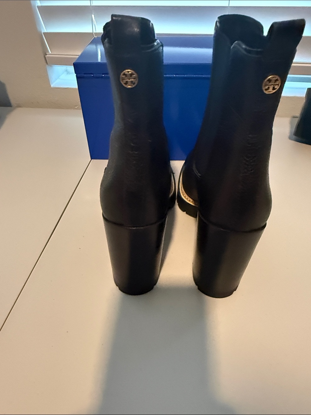 Tory Burch Black Leather Block Heel Ankle Boots with Gold Logo